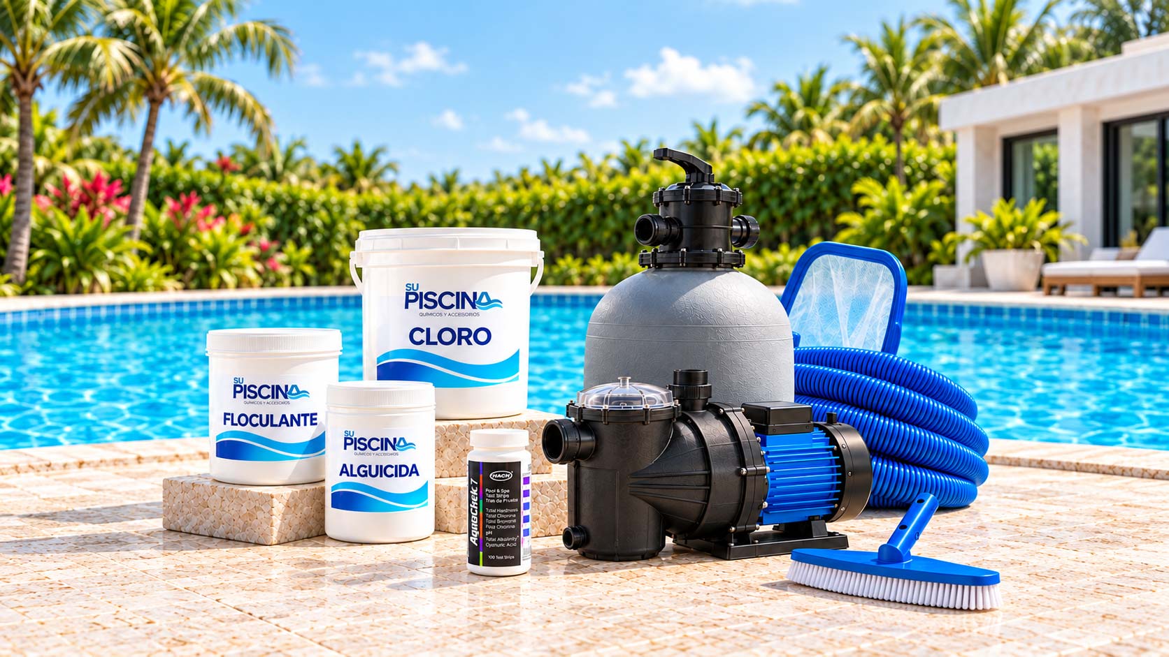 Químicos, equipos y accesorios de limpieza para piscina