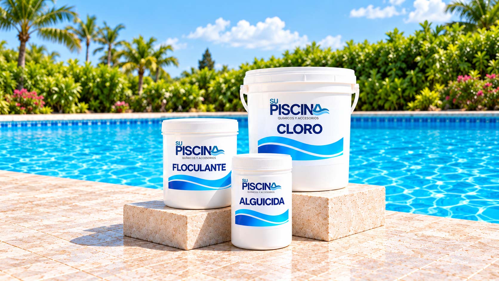 Cloro, floculante y alguicida Su Piscina junto a una piscina