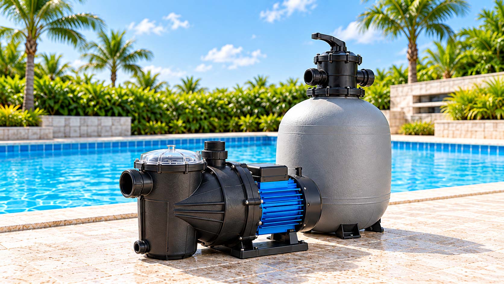 Bomba y filtro para piscina junto al borde de una piscina